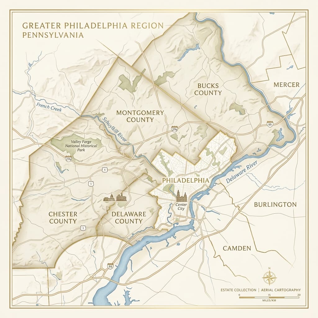 Sophisticated county-level Metro map of the Philadelphia region